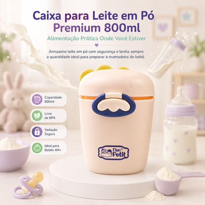 Infografia da caixa para leite em pó premium de 800ml, destacando a vedação segura e composição livre de BPA para bebés 4M+.