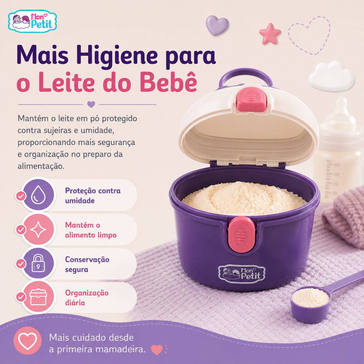 Caixa de leite em pó aberta sobre uma toalha roxa, evidenciando a proteção contra a humidade e a organização da alimentação infantil.