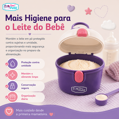Caixa de leite em pó aberta sobre uma toalha roxa, evidenciando a proteção contra a humidade e a organização da alimentação infantil.