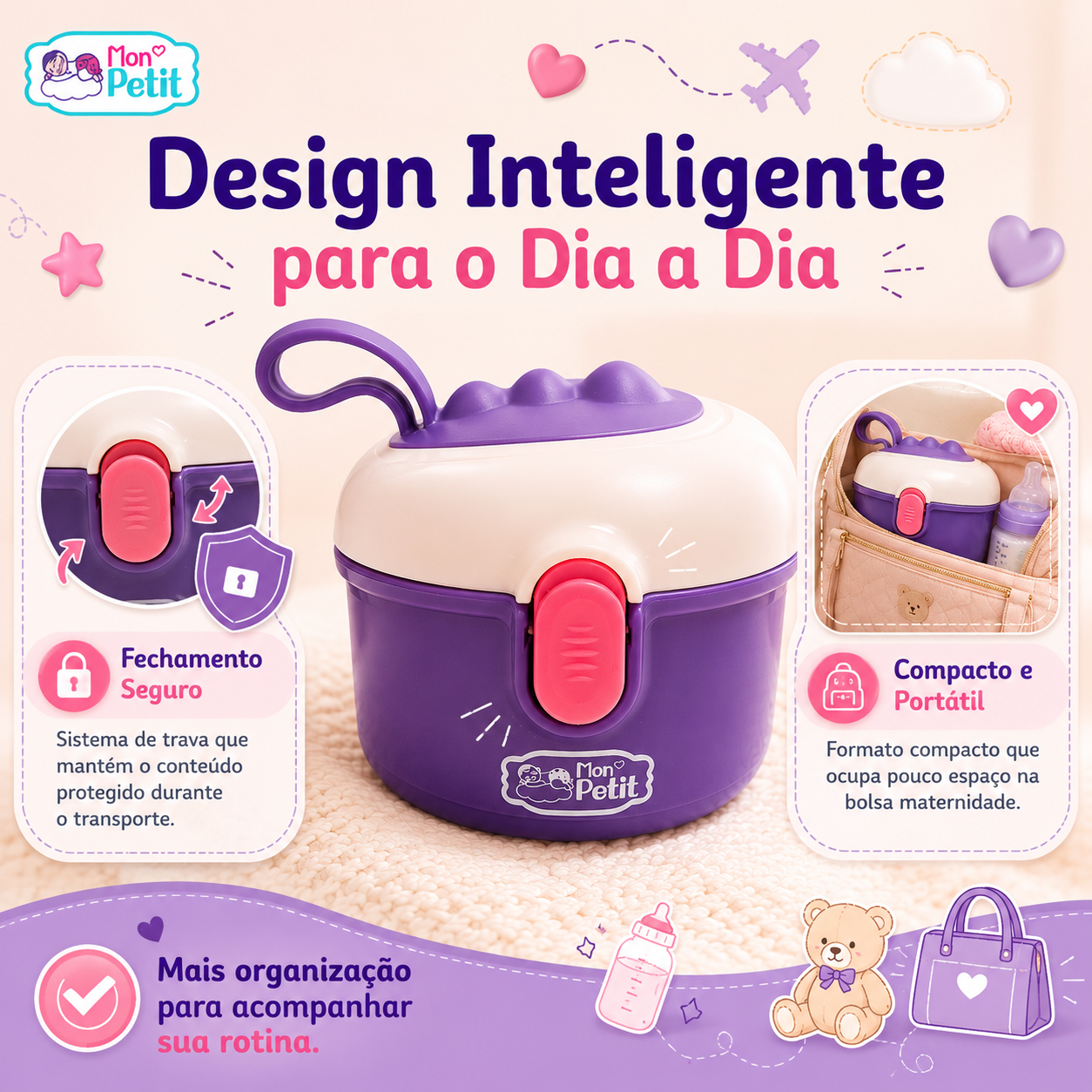 Infografia detalhando o sistema de trava seguro e o formato compacto do porta-leite em pó dentro da mala de maternidade.
