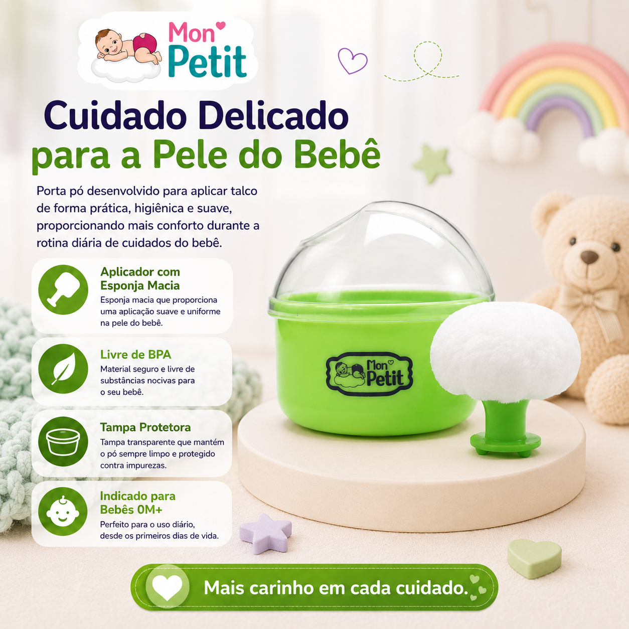 Infografia informativa da caixa de talco Mon Petit para recém-nascidos, destacando o aplicador com esponja macia, material livre de BPA e tampa protetora contra impurezas.
