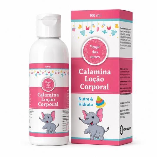 Calamina Loção Corporal 100 ml Magia das Mães com frasco e embalagem em fundo branco.
