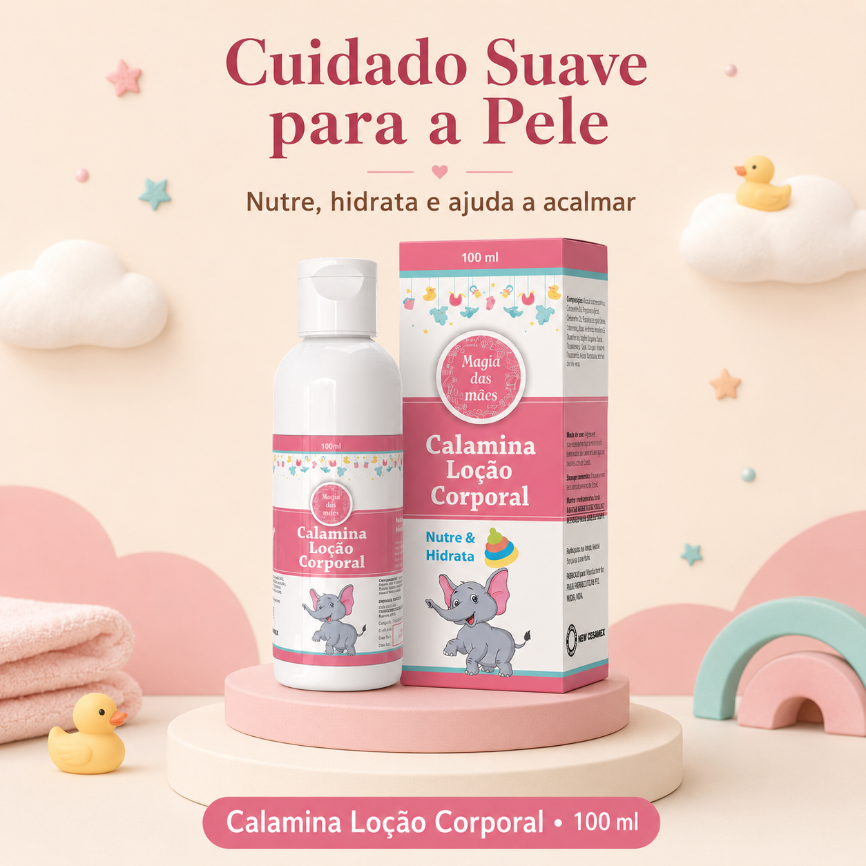 Calamina Loção Corporal 100 ml com frasco e embalagem em cenário infantil rosa e azul.