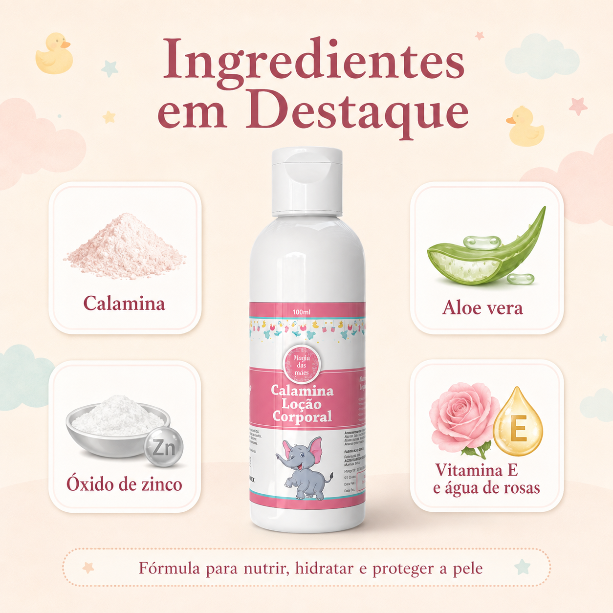 Calamina Loção Corporal com calamina, óxido de zinco, aloe vera, vitamina E e água de rosas.