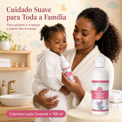 Mãe angolana com criança e Calamina Loção Corporal 100 ml para o cuidado suave da pele.