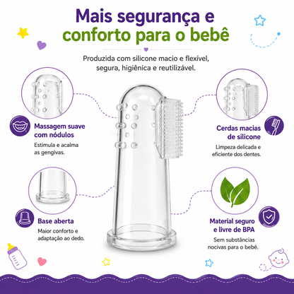 Diagrama explicativo detalhando os componentes da escova de dedo, incluindo a massagem suave com nódulos, as cerdas macias de silicone e a base aberta para melhor adaptação.