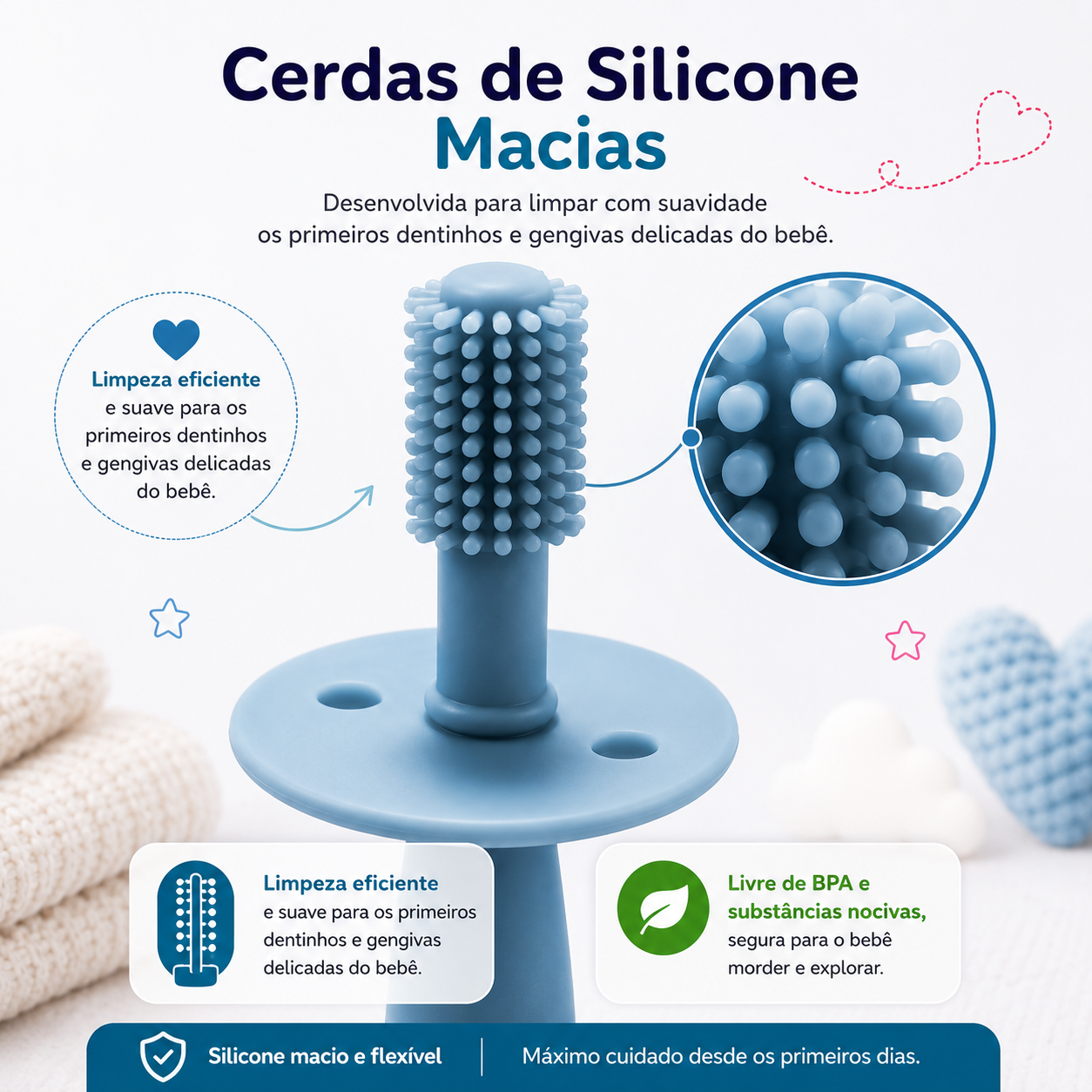 Grande plano detalhado das cerdas de silicone circulares da escova de dentes para bebé, realçando a limpeza delicada e eficiente das gengivas e dos primeiros dentinhos.