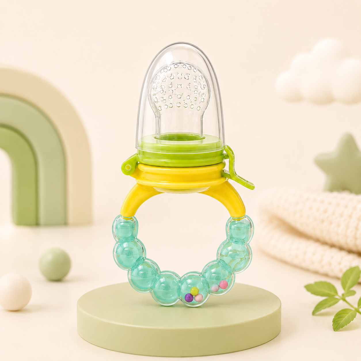Alimentador de frutas infantil Mon Petit posicionado na vertical sobre um pódio circular verde-claro num cenário decorativo minimalista composto por um arco-íris de madeira e uma manta tricotada.