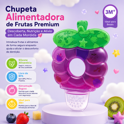 Infografia da chupeta alimentadora Mon Petit com o título Chupeta Alimentadora de Frutas Premium, destacando o uso de silicone alimentício, composição livre de BPA e indicação para bebés 3M+.