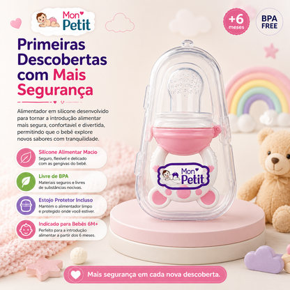 Infografia explicativa do alimentador em silicone Mon Petit para bebés com mais de 6 meses, destacando as vantagens do silicone alimentar macio, a composição livre de BPA e o estojo protetor incluído.