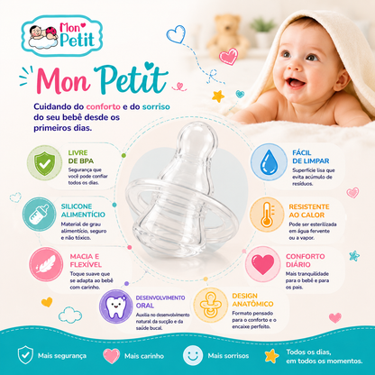 Painel descritivo com as características da chupeta anatómica Mon Petit ao lado da fotografia de um bebé sorridente com capuz de toalha, enfatizando a segurança e o conforto diário.