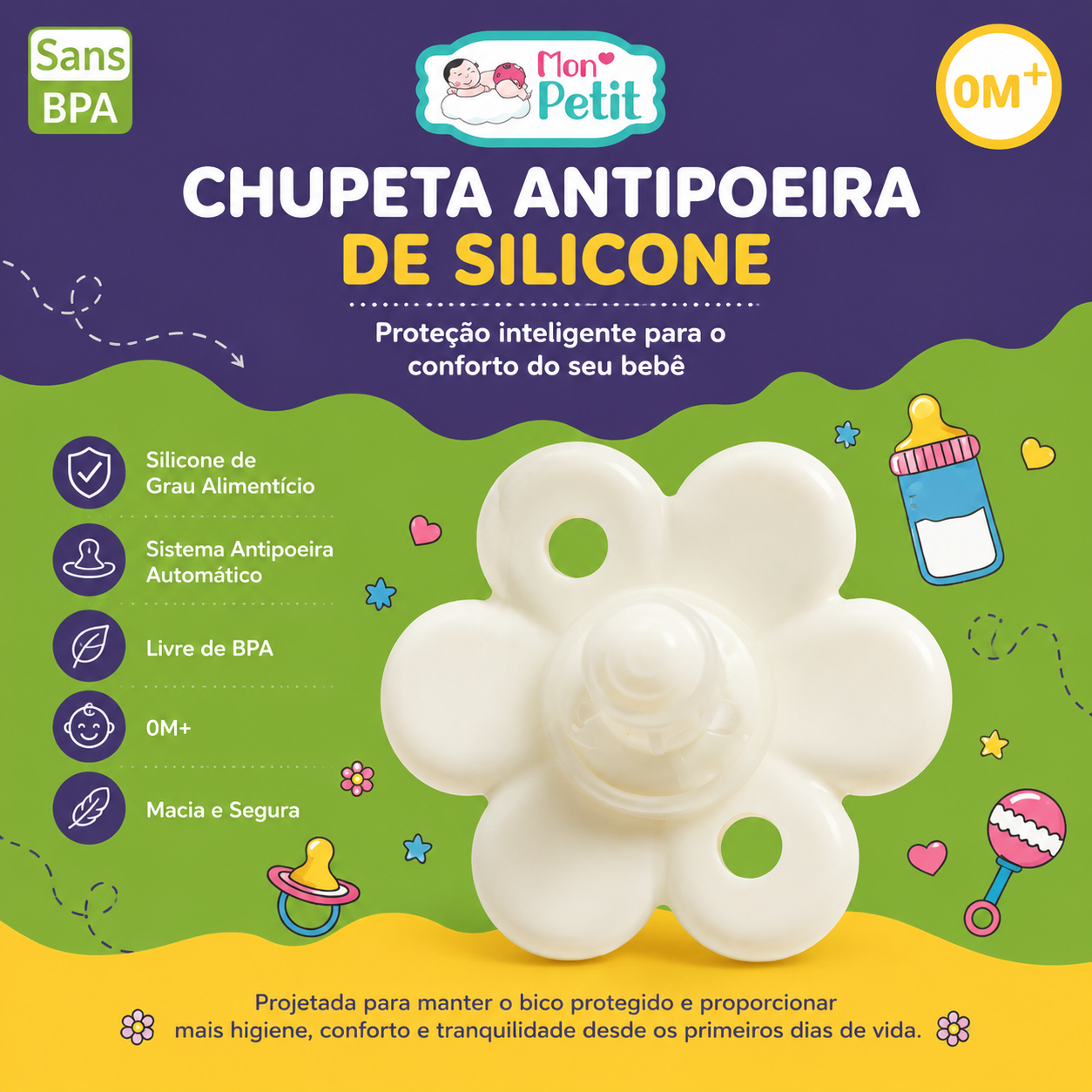 Infográfico publicitário da Chupeta Antipoeira de Silicone Mon Petit com ilustrações infantis, destacando o selo Sans BPA, uso desde os zero meses (0M+) e bico macio.