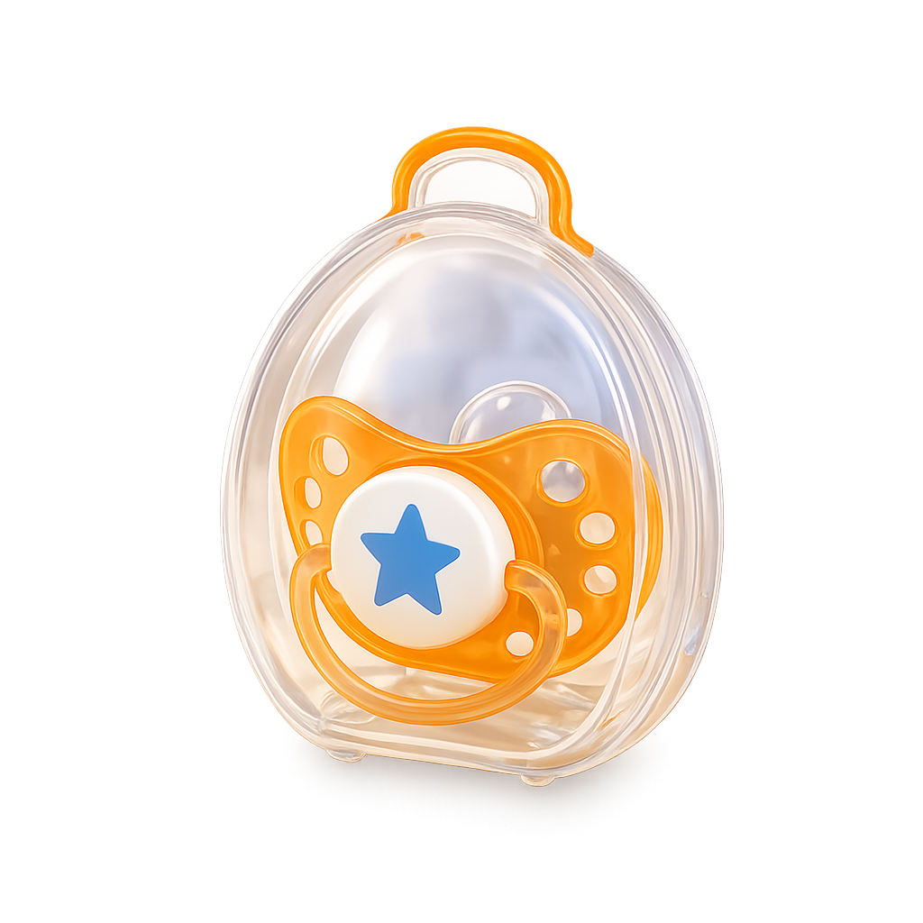 Chupeta de bebé cor de laranja com botão branco e uma estrela azul inserida dentro do seu estojo de viagem transparente, isolada num fundo branco.