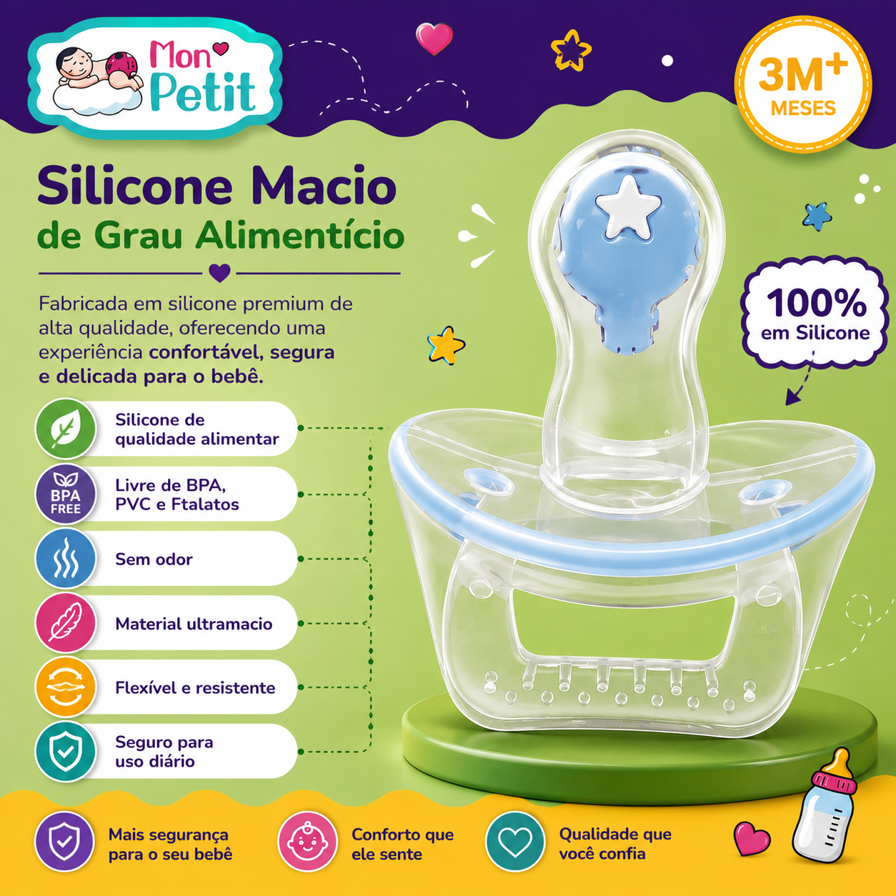 Painel promocional da chupeta de silicone de grau alimentício Mon Petit sobre um pódio verde, detalhando a textura ultramacia, flexível e sem odor.