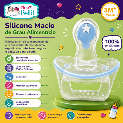 Painel promocional da chupeta de silicone de grau alimentício Mon Petit sobre um pódio verde, detalhando a textura ultramacia, flexível e sem odor.