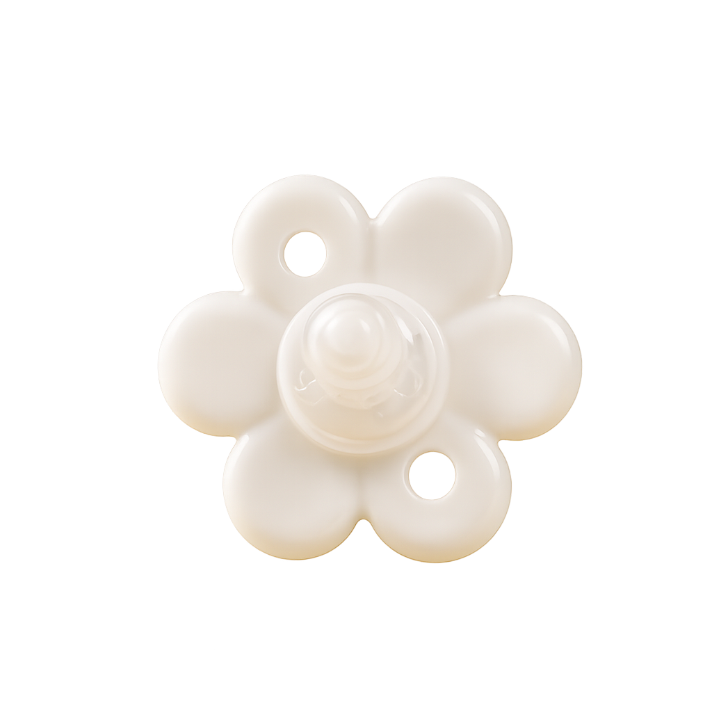 Chupeta de silicone branca em formato de flor com bico central e duas aberturas circulares de ventilação no escudo protetor, isolada sobre fundo branco.