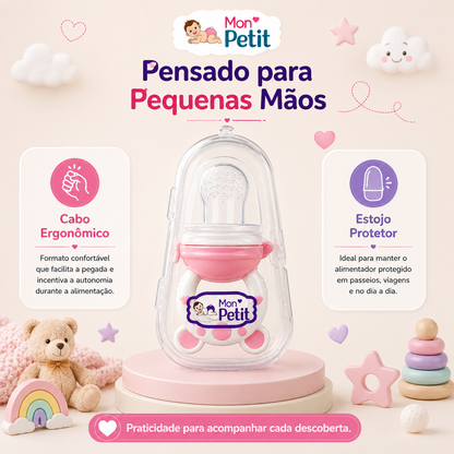 Painel publicitário focado no design para pequenas mãos, exibindo a chupeta alimentadora Mon Petit sobre uma base redonda rosa com texto sobre o cabo ergonómico e autonomia do bebé.