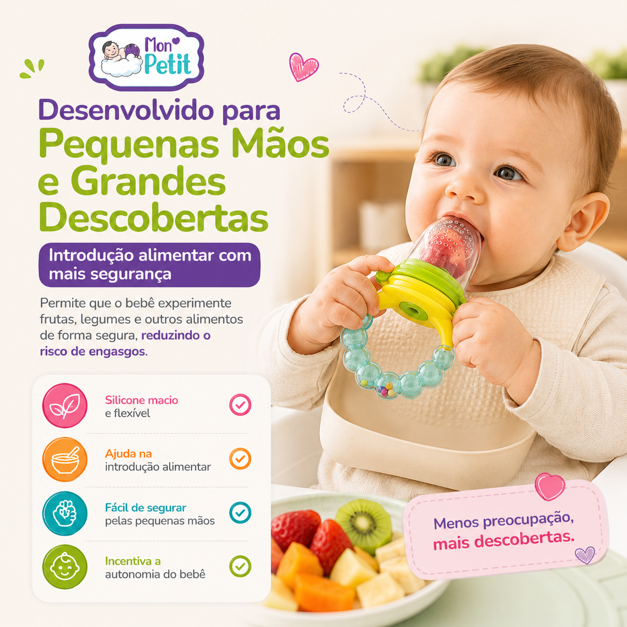 Painel promocional ilustrando um bebé a utilizar o alimentador de frutas Mon Petit, realçando os benefícios de segurança na introdução alimentar e a redução do risco de engasgos.