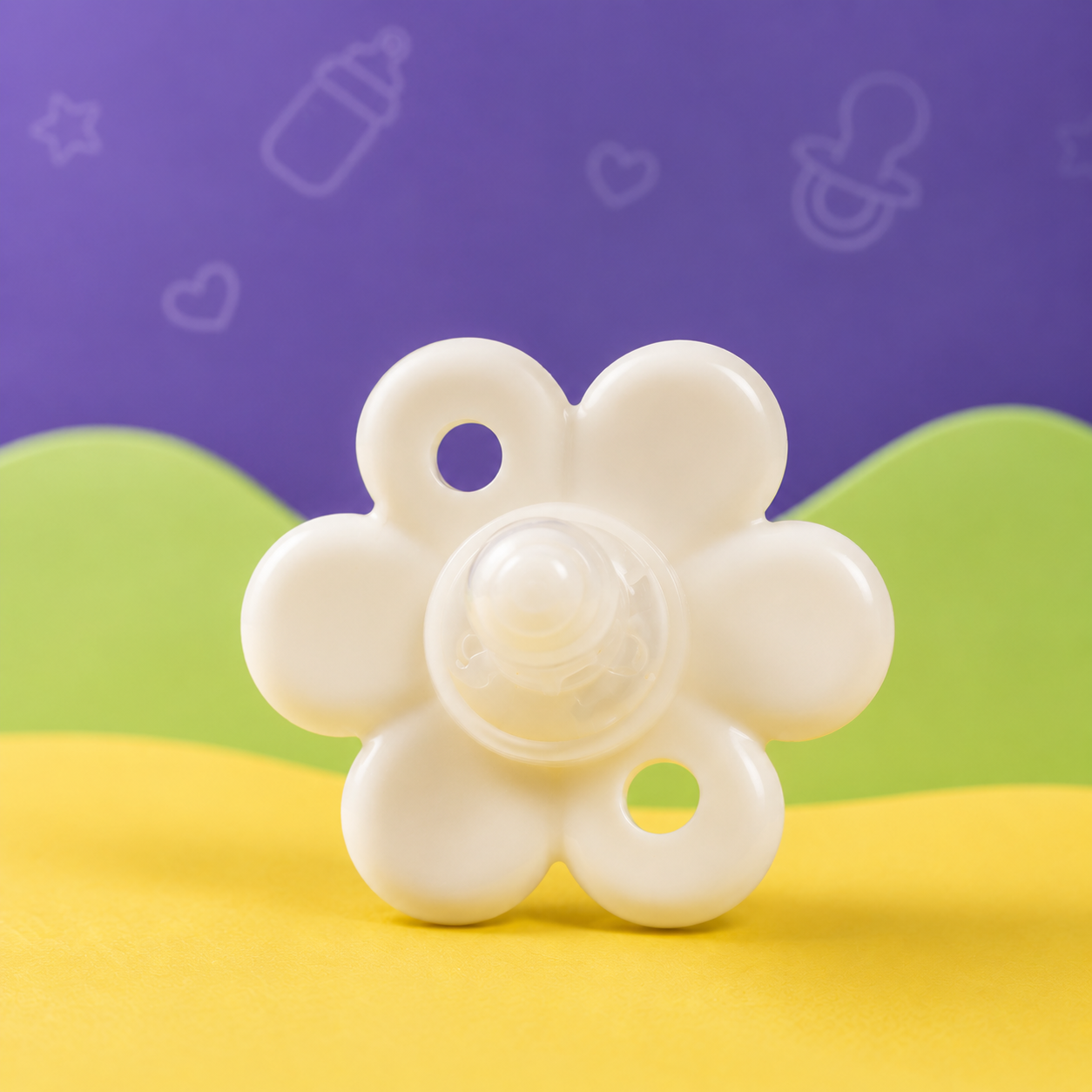 Chupeta de silicone Mon Petit em formato de flor colocada verticalmente sobre uma superfície amarela num cenário com fundo roxo e verde.