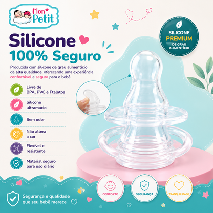 Painel promocional da chupeta Mon Petit sobre um pódio rosa, detalhando as vantagens do silicone 100% seguro: livre de BPA, PVC e ftalatos, ultramacio, sem odor e flexível.