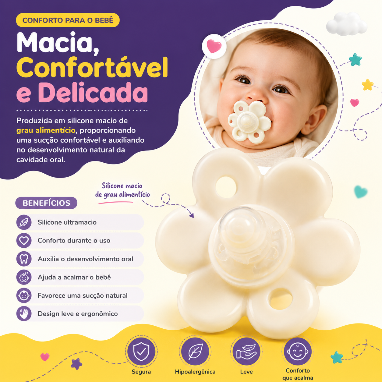 Infográfico destacando o conforto da chupeta macia e delicada de silicone de grau alimentício com a fotografia de um bebé a usá-la, listando os benefícios para o desenvolvimento oral.