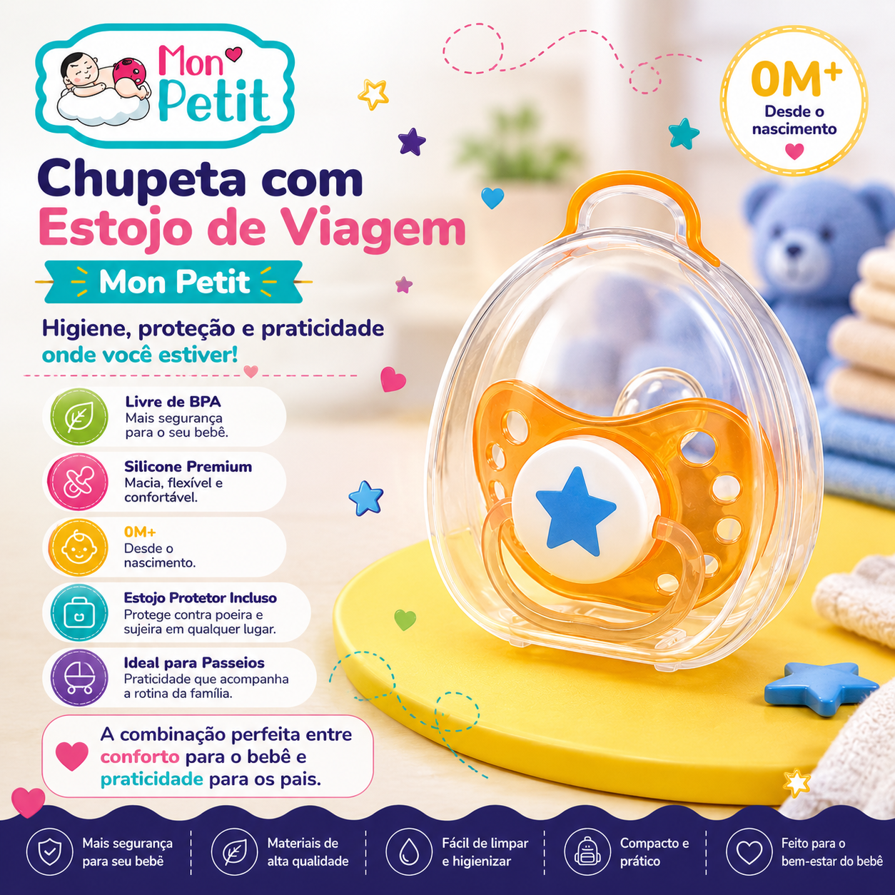 Infografia da chupeta Mon Petit com o título Chupeta com Estojo de Viagem, destacando os benefícios de ser livre de BPA, feita de silicone premium e indicada para recém-nascidos.