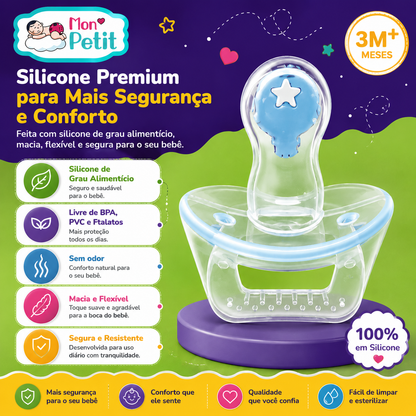 Infográfico da chupeta Mon Petit em silicone premium sobre uma base roxa, listando os benefícios de resistência diária e suavidade para a boca do bebé.