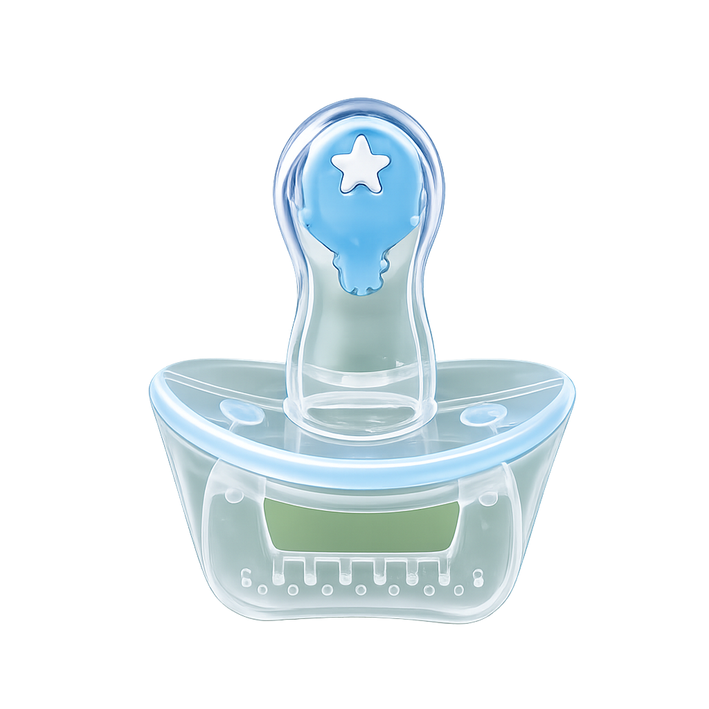 Chupeta totalmente líquida de silicone transparente com bico anatómico azul e detalhe de estrela branca ao centro, isolada sobre um fundo branco.