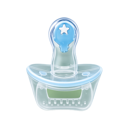 Chupeta totalmente líquida de silicone transparente com bico anatómico azul e detalhe de estrela branca ao centro, isolada sobre um fundo branco.