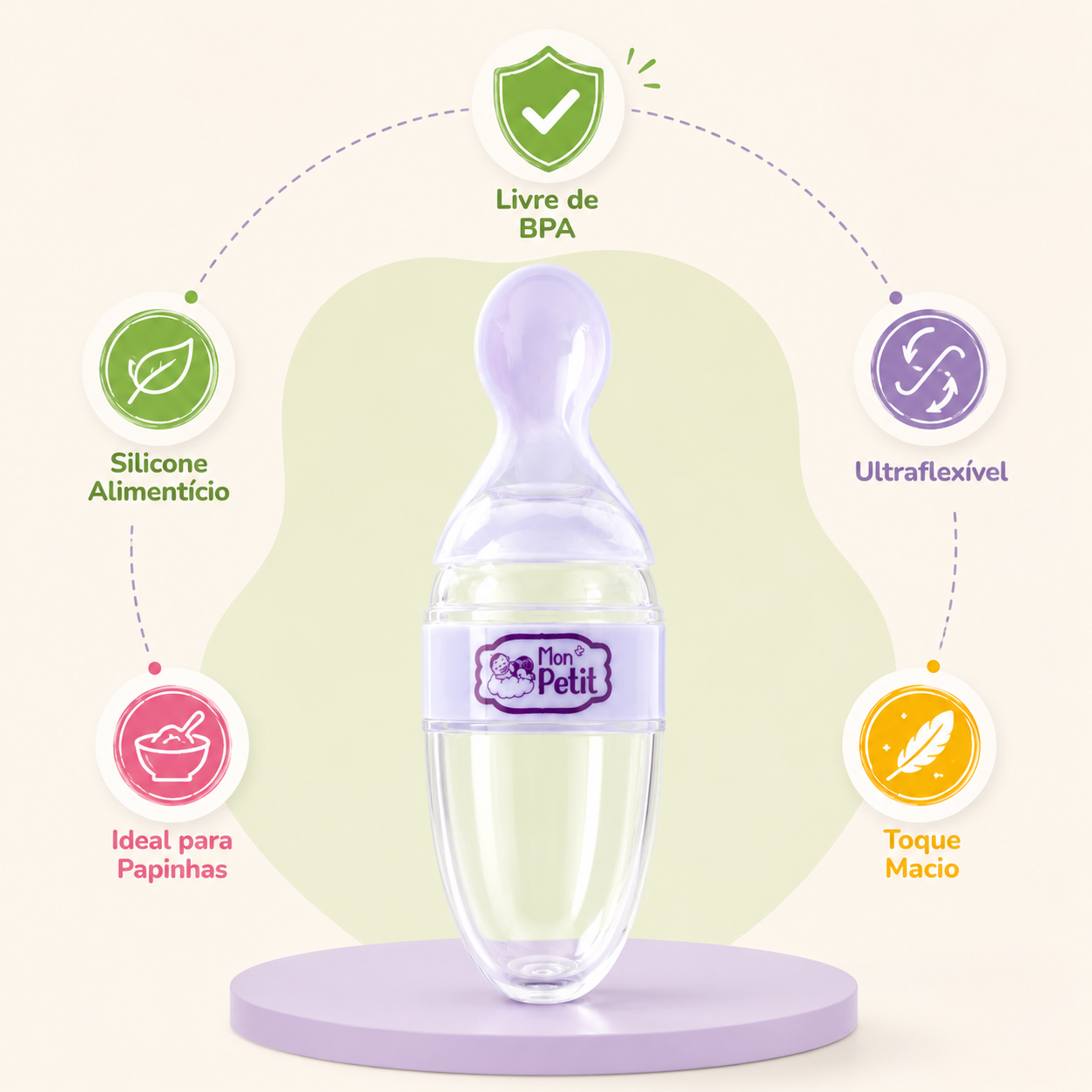Infográfico com setas explicativas em redor da colher dosadora Mon Petit sobre um pódio lilás, destacando as vantagens de silicone de grau alimentício, material ultraflexível, livre de BPA e toque macio.