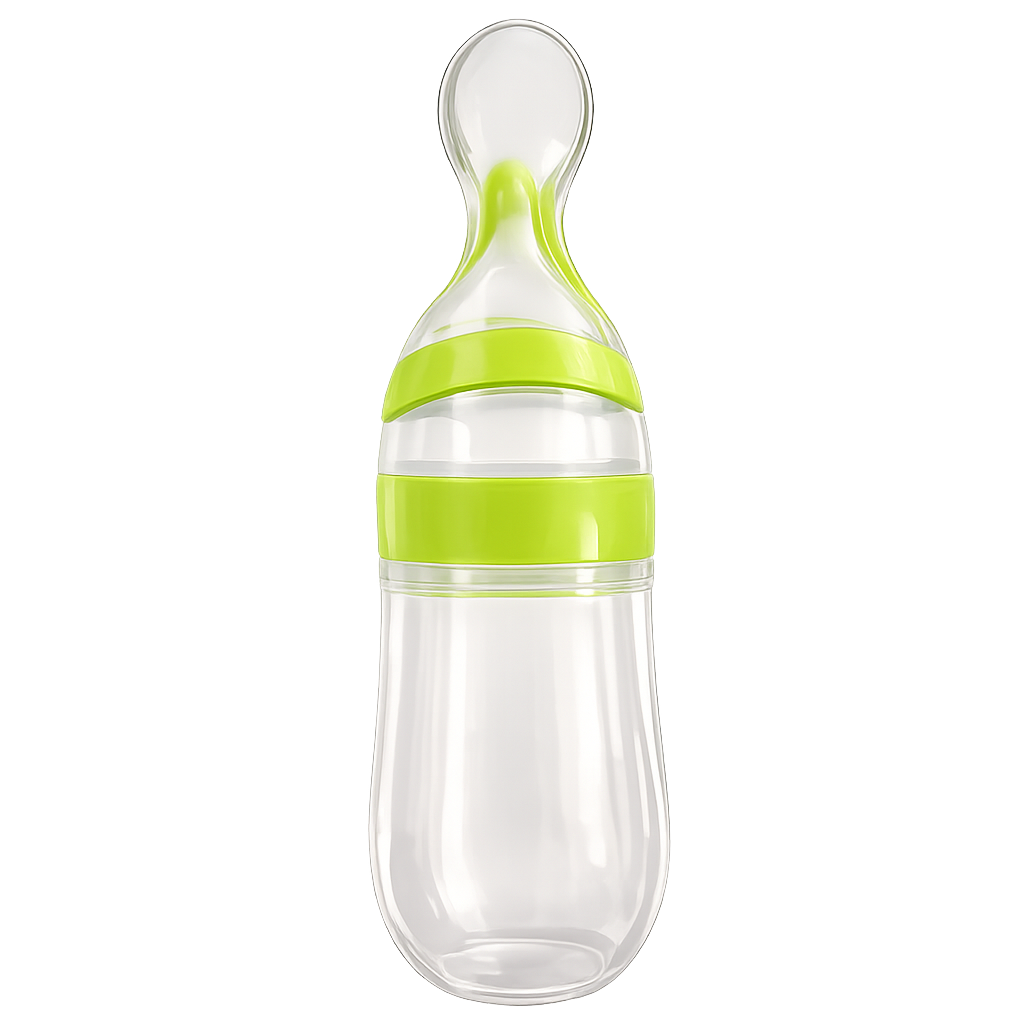 Biberão colher doseadora Mon Petit de 125ml com corpo transparente de silicone e anéis de rosca em verde-alface brilhante, isolado sobre um fundo branco.