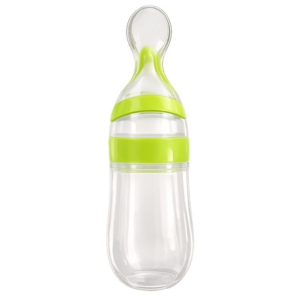 Biberão colher doseadora Mon Petit de 125ml com corpo transparente de silicone e anéis de rosca em verde-alface brilhante, isolado sobre um fundo branco.
