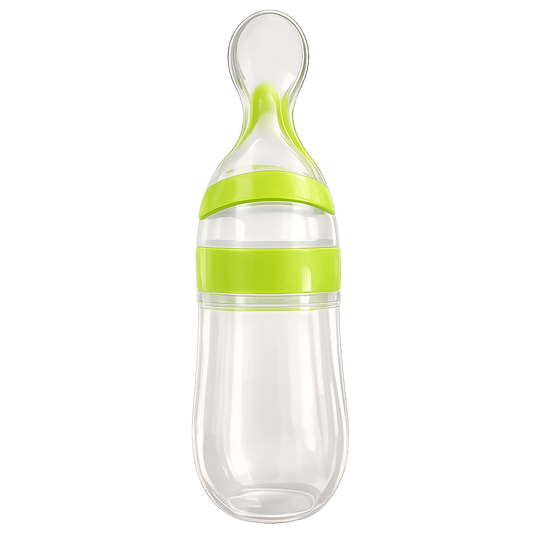 Biberão colher doseadora Mon Petit de 125ml com corpo transparente de silicone e anéis de rosca em verde-alface brilhante, isolado sobre um fundo branco.