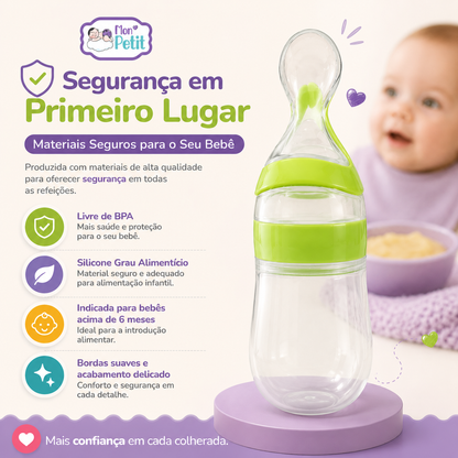 Infográfico da colher doseadora Mon Petit com foco em segurança alimentar, listando os benefícios de materiais livres de BPA, bordas suaves e acabamento delicado.