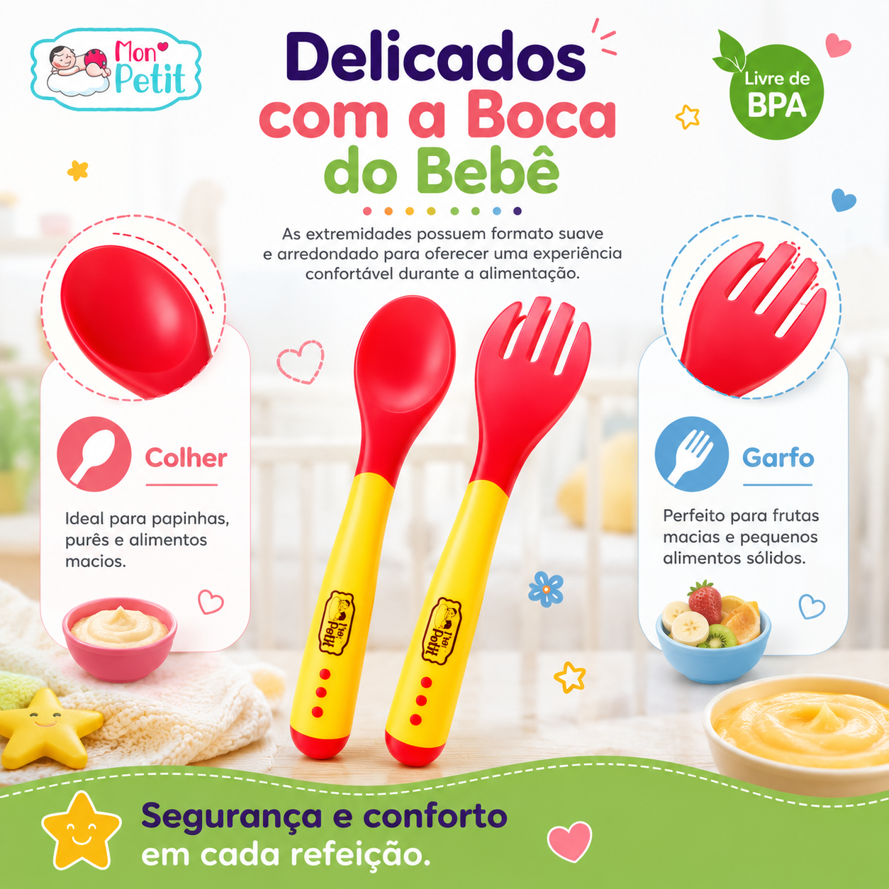 Infográfico detalhando a utilidade dos talheres Mon Petit: a colher indicada para papinhas, purés e alimentos macios, e o garfo perfeito para frutas macias e pequenos sólidos.