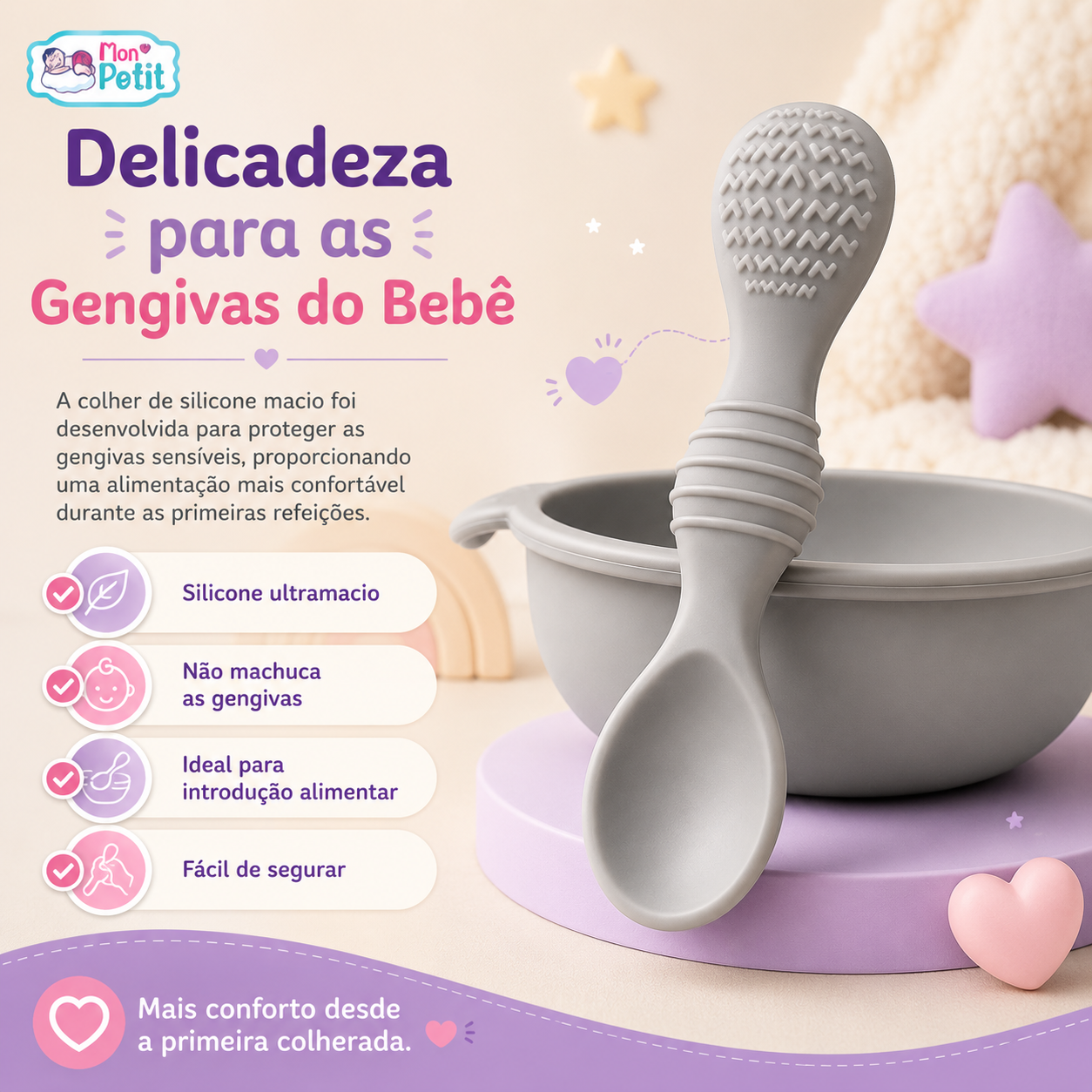 Colher de silicone macia ideal para as gengivas sensíveis do bebé e introdução alimentar.