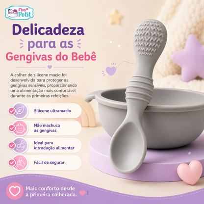 Colher de silicone macia ideal para as gengivas sensíveis do bebé e introdução alimentar.