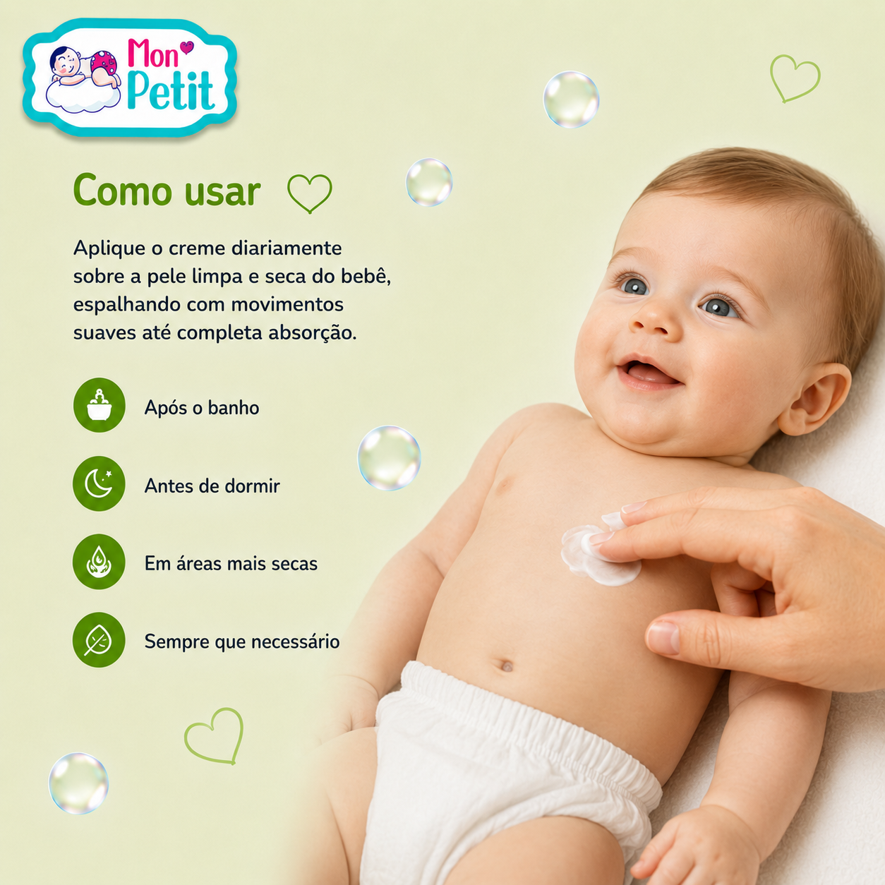 Mão a aplicar o creme hidratante Mon Petit no peito de um bebé deitado, com ícones a indicar o uso após o banho, antes de dormir e em áreas secas.