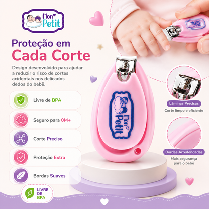 Adulto a cortar as unhas de um bebé com cortador seguro de lâminas precisas e bordas arredondadas.