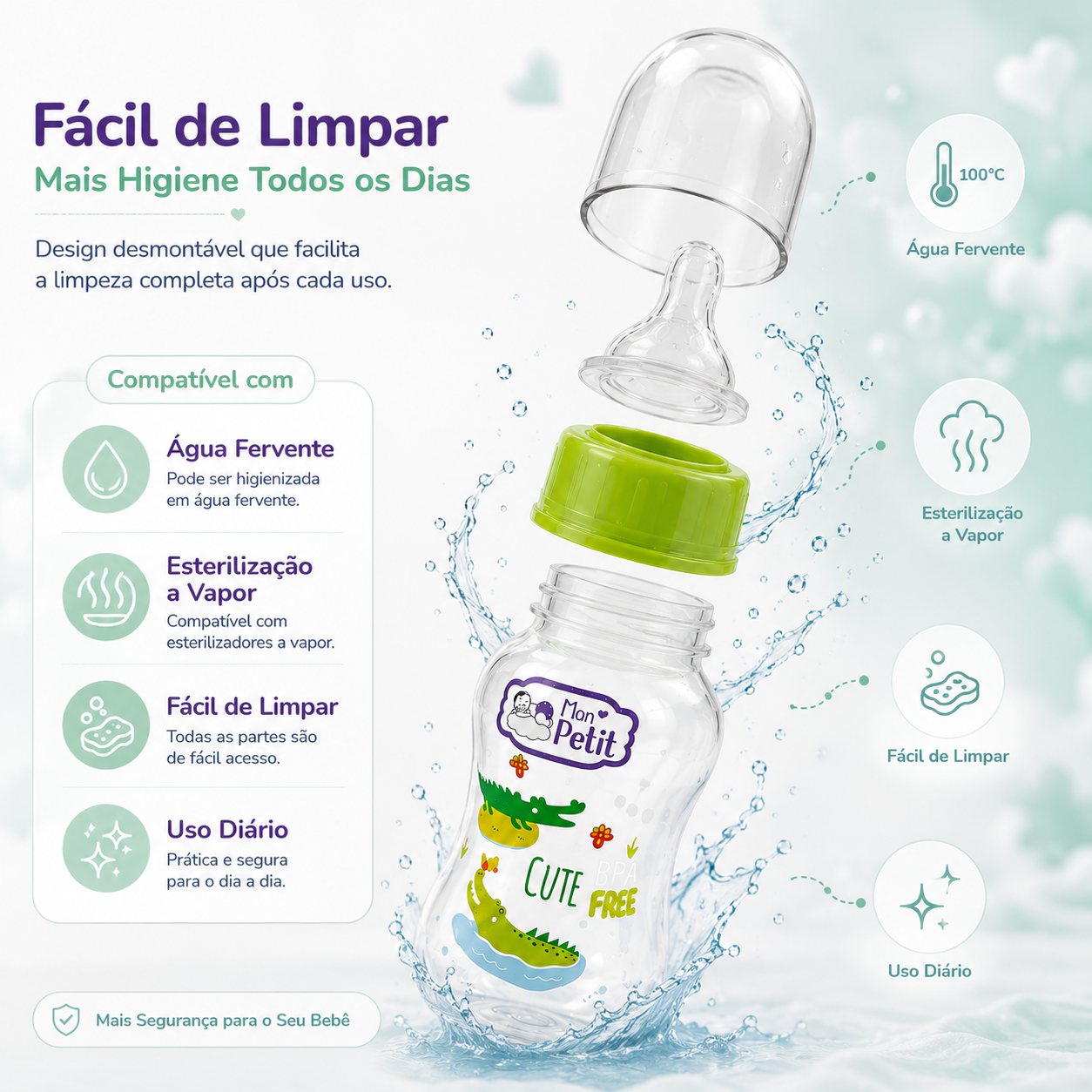 Demonstração do design desmontável do biberão, compatível com esterilização a vapor e lavagem em água fervente.