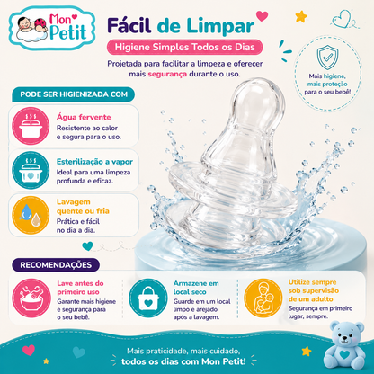 Guia de limpeza diária da chupeta líquida de silicone Mon Petit, detalhando a compatibilidade com esterilização a vapor, água fervente e lavagem quente ou fria.
