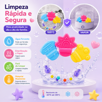 Guia visual de limpeza rápida e segura do mordedor Mon Petit, ilustrando a resistência térmica de -20°C até 120°C, compatibilidade com esterilização a vapor e água fervente a 100°C.
