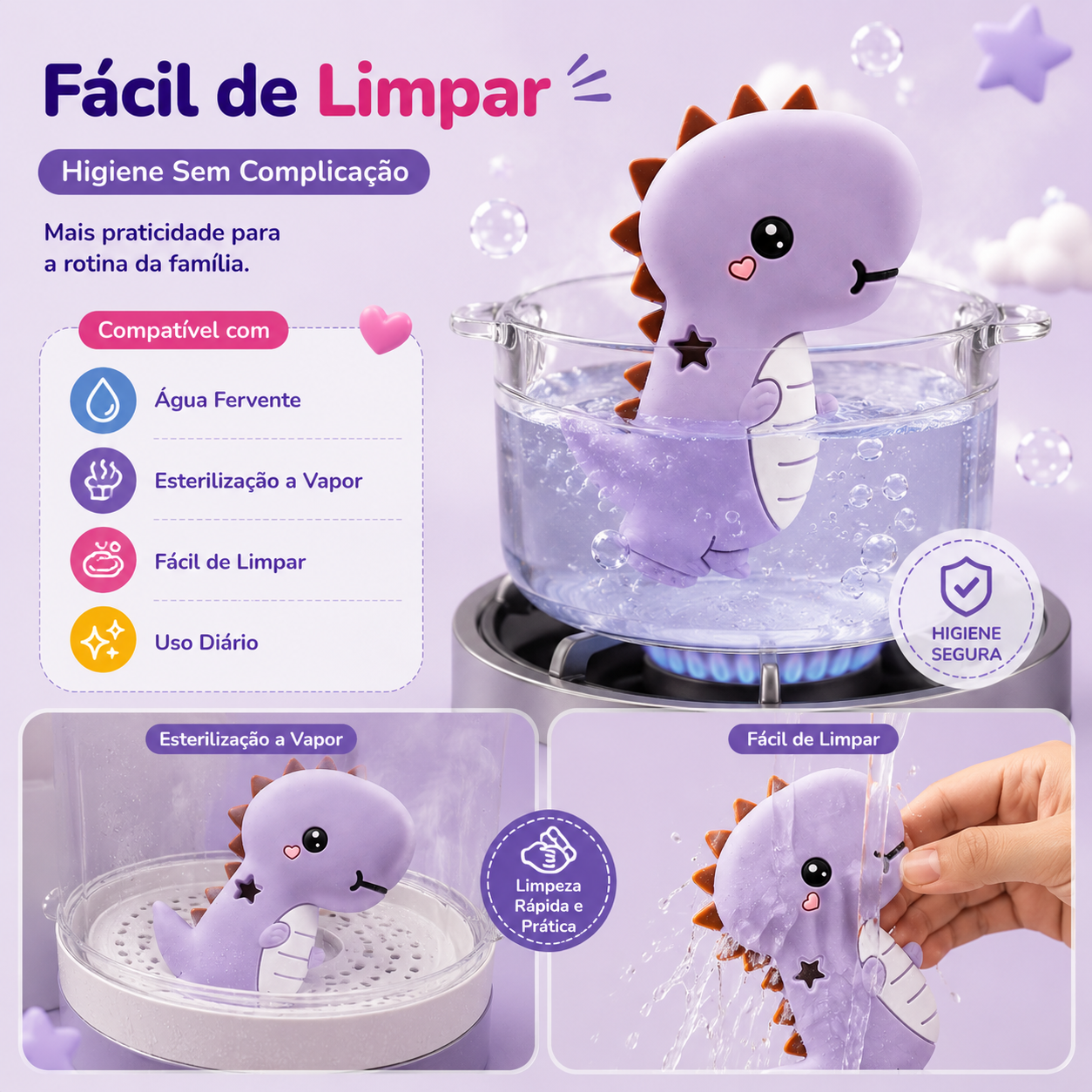 Guia de higiene sem complicação do mordedor dinossauro Mon Petit, ilustrando a compatibilidade com esterilização a vapor, água fervente numa panela e lavagem diária sob água corrente.