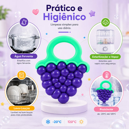 Guia de higiene prático e higiénico do mordedor de uvas Mon Petit, ilustrando a compatibilidade com esterilização a vapor, água fervente, lavagem na máquina lava-louças e resistência de -20°C até 120°C.