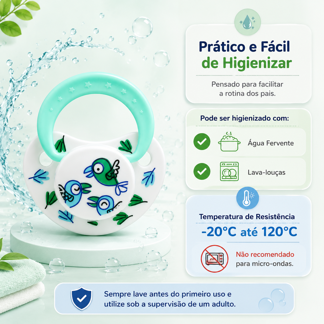 Instruções de limpeza do mordedor Mon Petit indicando a resistência térmica de -20°C até 120°C, compatibilidade com água fervente e lava-louças, e contraindicação para micro-ondas.