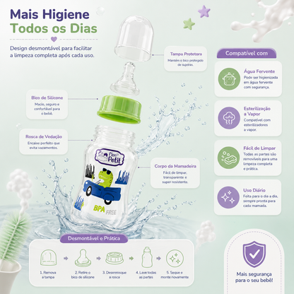 Esquema explicativo de limpeza do biberão desmontável, indicando a compatibilidade com esterilização a vapor e lavagem em água fervente.