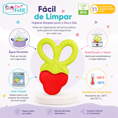 Guia de limpeza do mordedor de silicone Mon Petit, ilustrando com ícones a compatibilidade de esterilização com água fervente, uso na máquina lava-louças, esterilização a vapor e resistência térmica de -20°C até 120°C.
