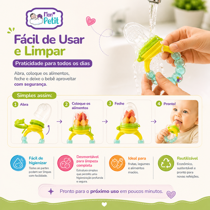 Guia passo a passo ilustrado ensinando a usar e higienizar o alimentador: abrir o bico, colocar os alimentos, fechar e lavar sob uma torneira de água corrente, destacando a sua estrutura totalmente desmontável.