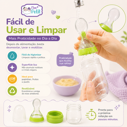 Guia visual ensinando a desmontar, lavar com água e sabão e limpar o biberão colher Mon Petit, com uma imagem em grande plano da higienização das peças sob a torneira.