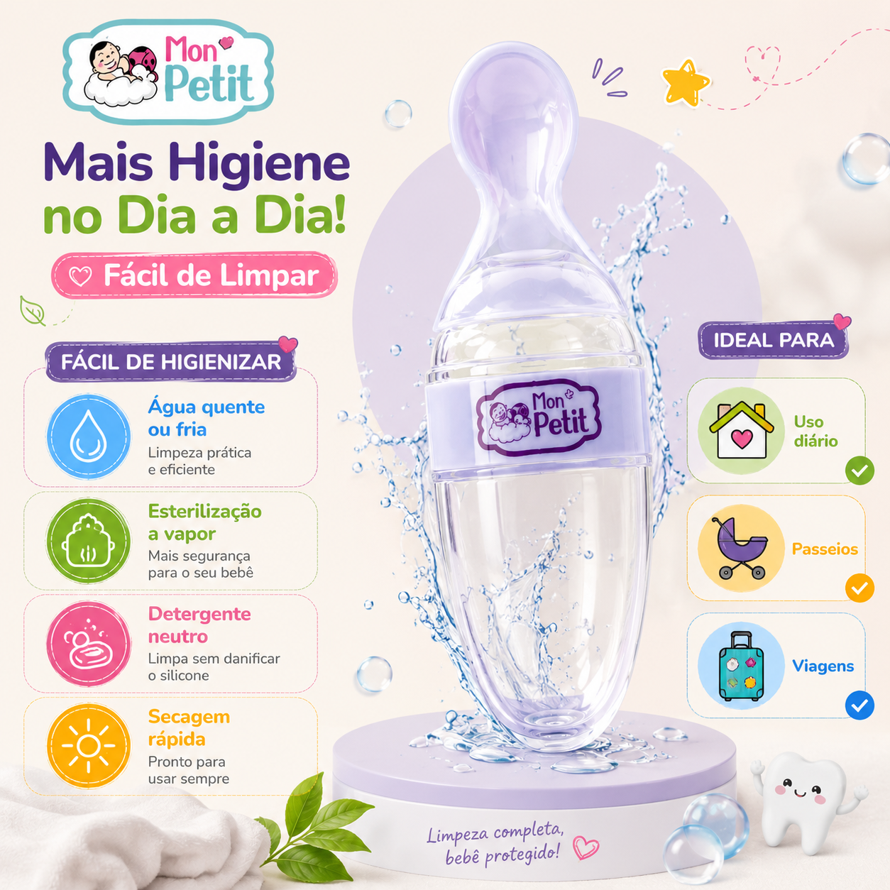 Guia visual com métodos de higienização da colher dosadora, ilustrando a compatibilidade com esterilização a vapor, água quente ou fria e detergente neutro, com respingos de água ao fundo.